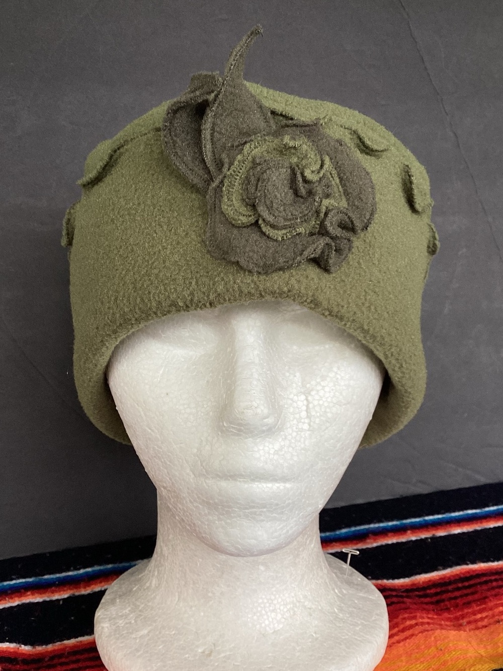 Vintage Amber Rose Fleece Beanie Hat with Flower Made in USA
